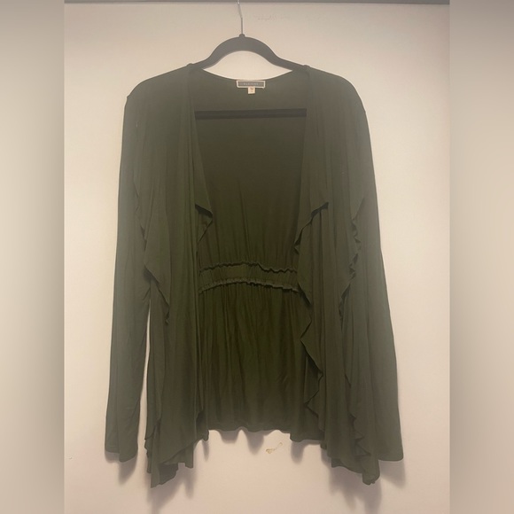 Pleione Olive Green Women’s Cardigan Ruffle Long Sleeve Sweater Size Large - Picture 2 of 5